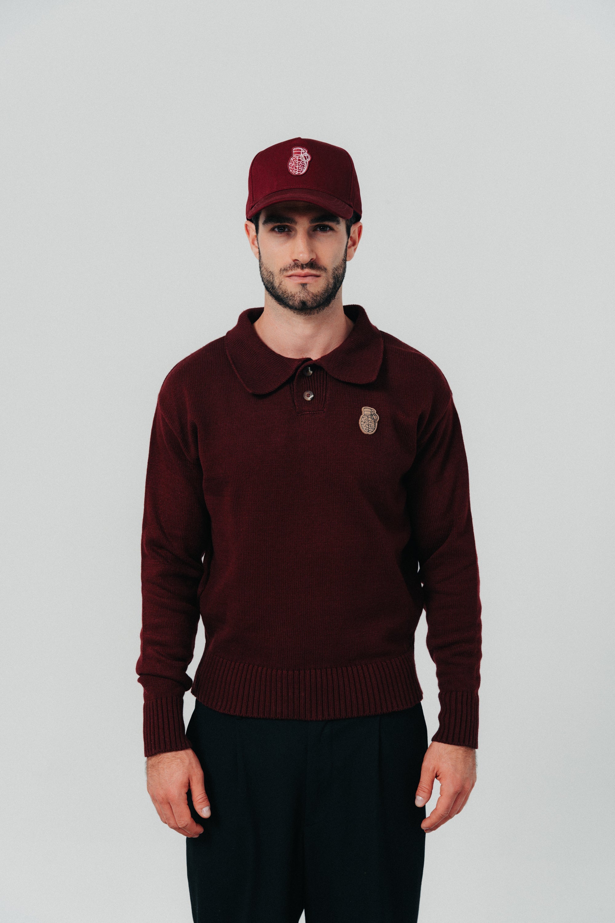 ST3-3003 - KNITTED RED WINE POLO SWEATER